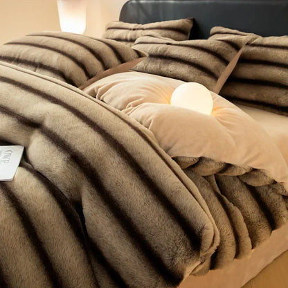 Winter Thick Warm Luxury Bedding Set Include Quilt Cover Sheet Pillowcase Solid Color Coral Velvet Soft Queen Duvet Cover Set