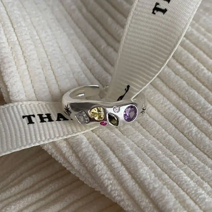 925 Sterling Silver Simple Colorful Heart Stone RingsFor Women Geometric Fashion Smiple Open Handmade Allergy Party Jewelry Gift.