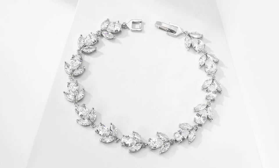 ZAKOL Luxury AAA Cubic Zirconia Wedding Bracelets for Women High Quality White Gold Color Leaf Charm Bracelet Bangles.
