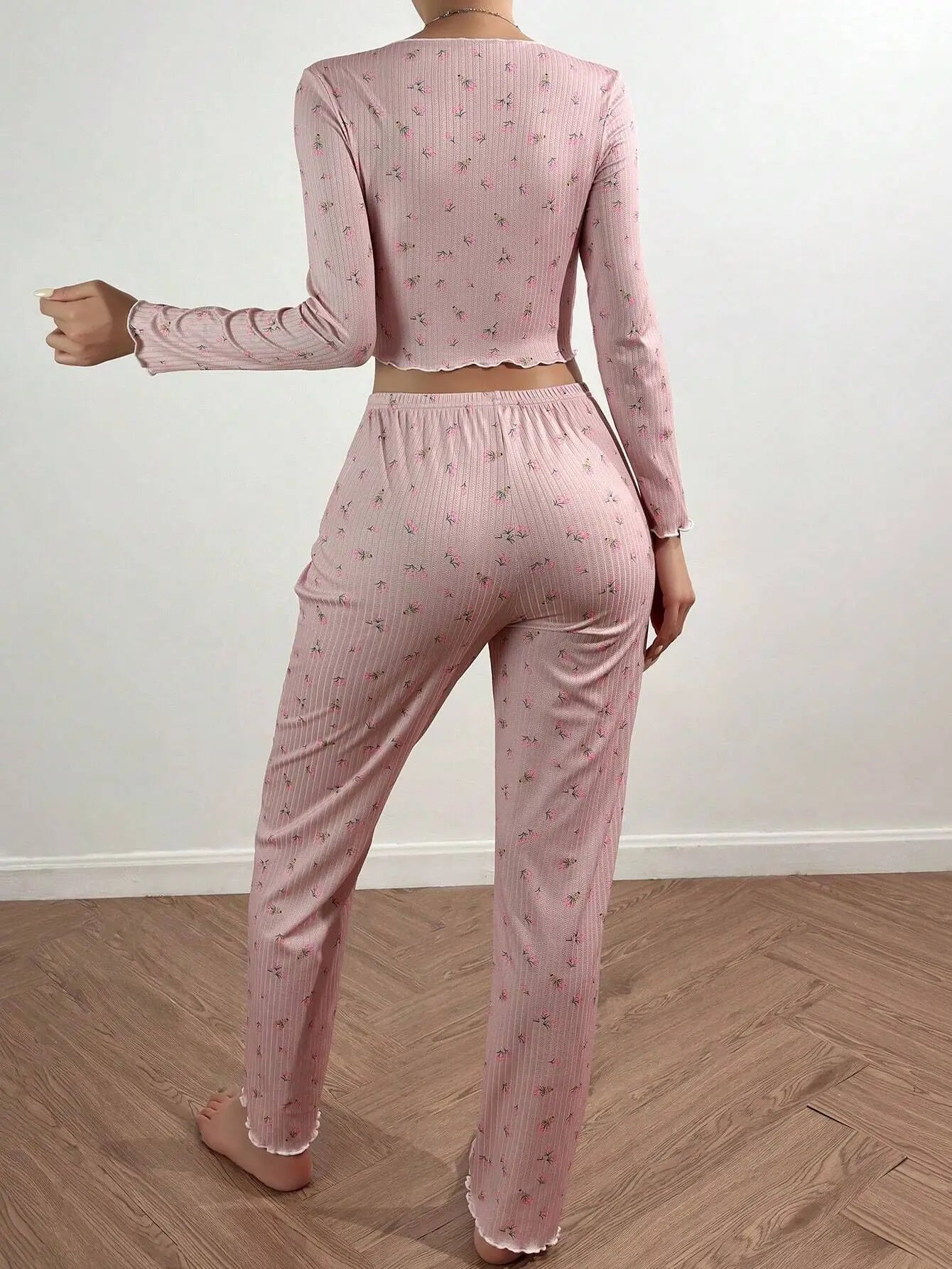 Y2K Nette Floral Gerippte Pyjama Set Frauen Langarm V-ausschnitt Zwei Stück Nachtwäsche Homewear Herbst Winter Bogen Salat Trim Neue Heiße.