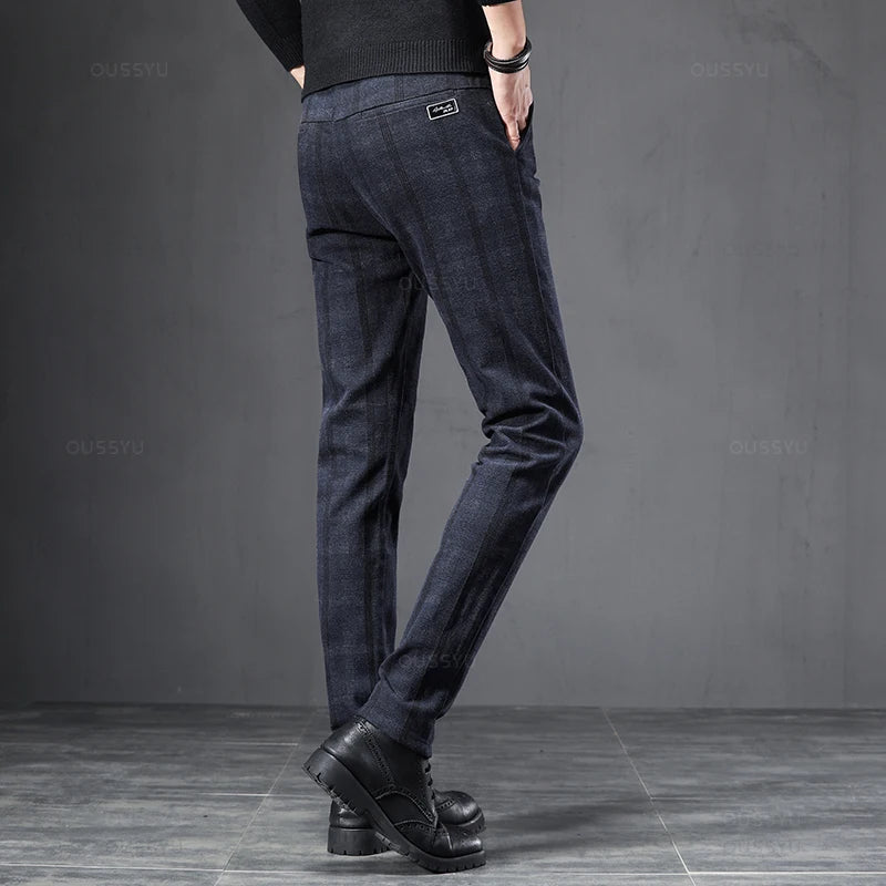 2025 New Spring Autumn England Plaid Work Stretch Pants Men Business Fashion Slim Grey Blue Casual Pant Male Brand Trousers 38