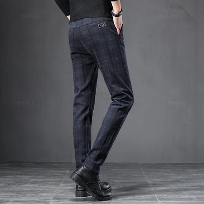 2025 New Spring Autumn England Plaid Work Stretch Pants Men Business Fashion Slim Grey Blue Casual Pant Male Brand Trousers 38