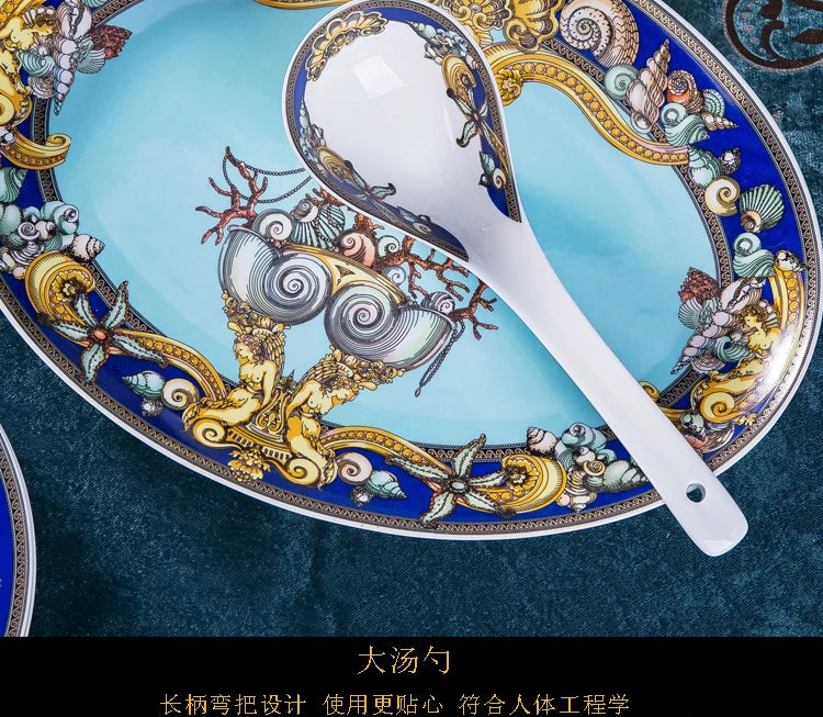 Luxury Blue Ocean Bone China Dishes Plates Western Clubhouse Upscale Heart Of The Sea Ceramic Tableware Decorative Plate.