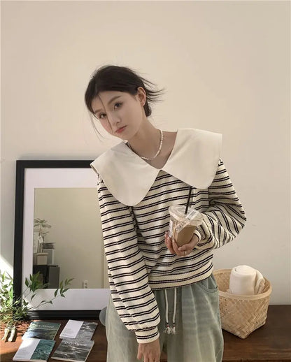 Oversized New Women Clothing Korean Patchwork Peter Pan Collar Sweatshirts Female Casual Striped Long Sleeve Loose T-Shirts Tops.