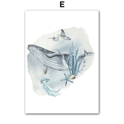 Posters And Prints Whale Fish Shark Octopus Turtle Sea Animals Nursery Wall Art Canvas Painting Pictures Baby Kids Room Decor.