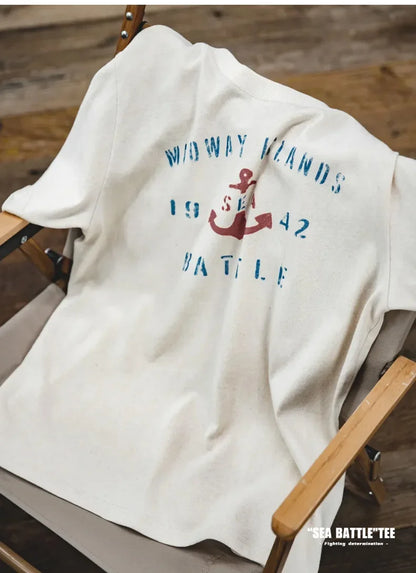 Maden Vintage Letter Print Cotton Short Sleeve T-Shirt Men's Summer Loose Fit Ribbed Crew Neck Tee Casual Street Tops for Daily