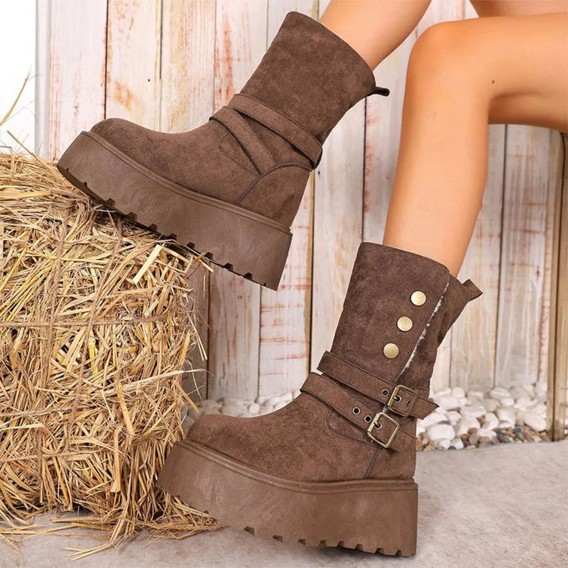 Brown Chunky Platform Women's Snow Boots Winter Retro Button Buckle Detor Snow Boots Woman Faux Suede Keep Warm Botas Mujer.