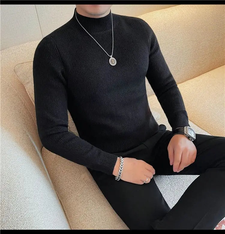 Half Turtleneck Sweater Men with Striped Wool in Autumn Winter Thickened Slightly Loose Base Knitted.