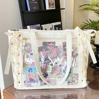New Versatile Fashion Ribbon Itabag Large Capacity Green Large Food Anime Millet Bag Daily One Shoulder Tote Bag.