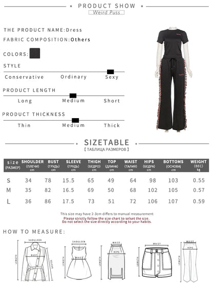 Weird Puss Casual Sporty 2 Piece Set Women Letter Embroidery Crop Tops+Side Tassel Straight Pants Matching Streetwear Tracksuits.