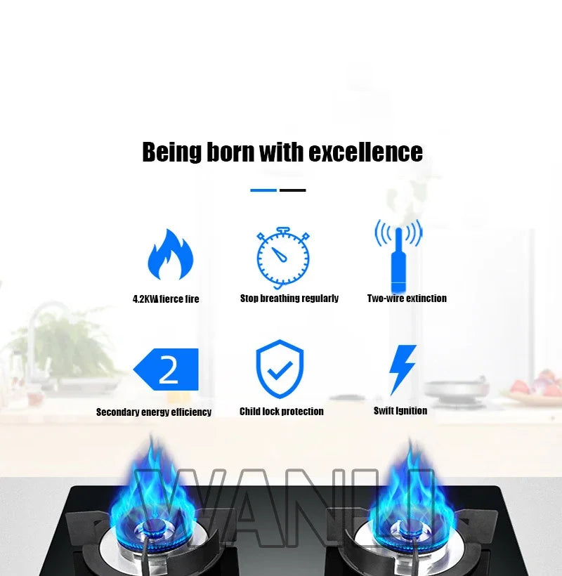 DC330 Gas Stove Household Desktop Embedded Double Stove Natural Gas Liquefied Gas Stove/Toughened Glass Panel.