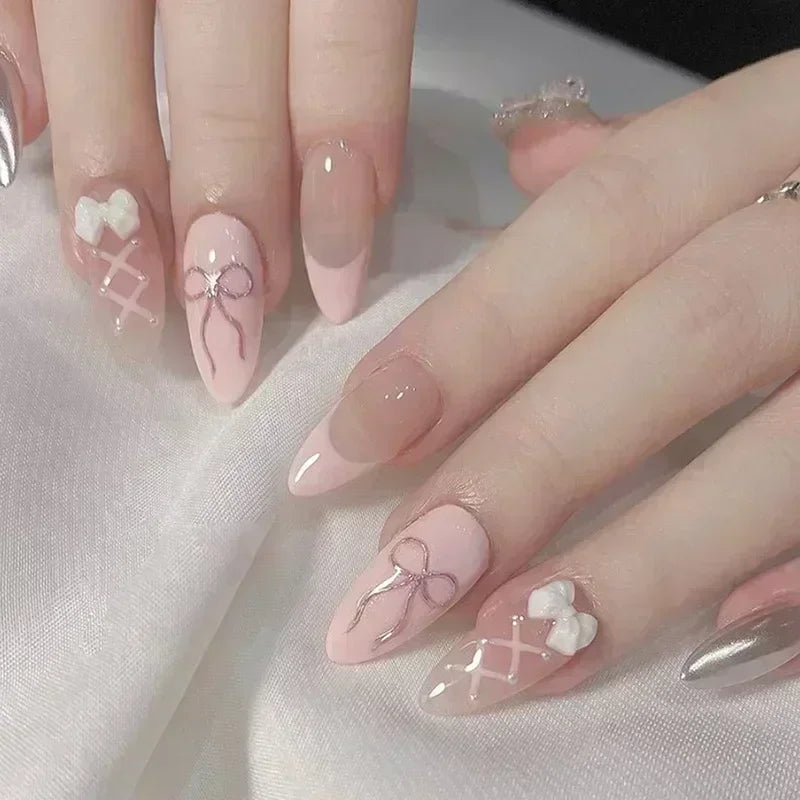 24Pcs Pink Almond False Nails Butterfly Ballet with French Design Wearable Fake Nails Simple Artificial Press on Nails Tips Art.