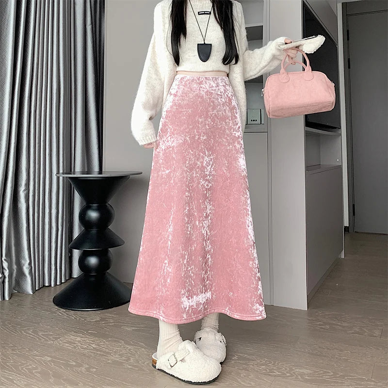 Plush Velvet Midi Skirt - 2025 New High-Waisted A-Line Mermaid Hem Skirt, Fleece-lined, Autumn Winter Thick Velvet Skirt