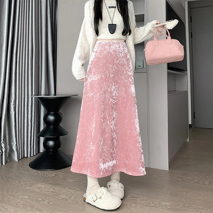 Plush Velvet Midi Skirt - 2025 New High-Waisted A-Line Mermaid Hem Skirt, Fleece-lined, Autumn Winter Thick Velvet Skirt