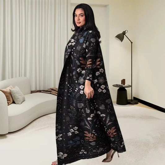 Abaya Miyake Pleated Printed Robe Jacket Arabian Dubai Style Women's Long Sleeve Conservative Demure Muslim Trench Coat 55inches.