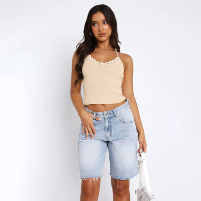 Neue Hals hängende Weste Damen Y2K Sexy Crop Top mit freiliegendem Nabel BM Strapsbasis und ärmelloses Slim Fit Top Tank Top | H&D Shop