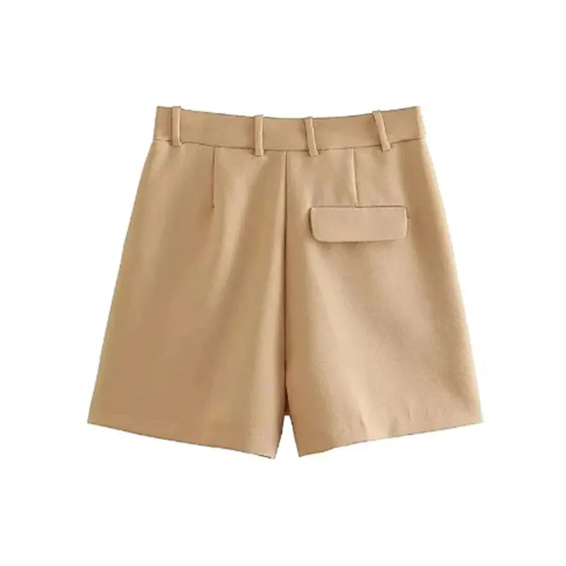 Mooyufon Women Fashion Side Pockets Front Darts Bermuda Shorts Vintage High Waist Zipper Fly Female Short Pants Mujer.