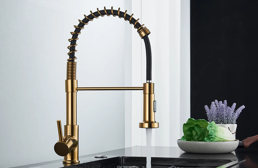 Brushed Gold Kitchen Faucet Pull Down 2-way Spray Single Handle Hot Cold Water Mixer Tap 360 Rotation Torneira Cozinha Mixer Tap