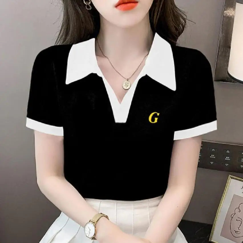 Women's Polo Shirts Slim Female Tee Plain Graphic T-shirts Embroidery Polyester Y2k Fashion Aesthetic Basic Synthetic Luxury New