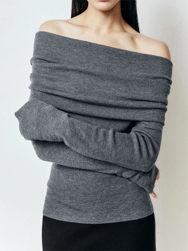 Slash Neck Pullover Frauen Tops Gestrickte Dünne Grundlegende Alle-spiel Sexy Elegante Off Schulter Herbst Winter Langarm Pullover weibliche.