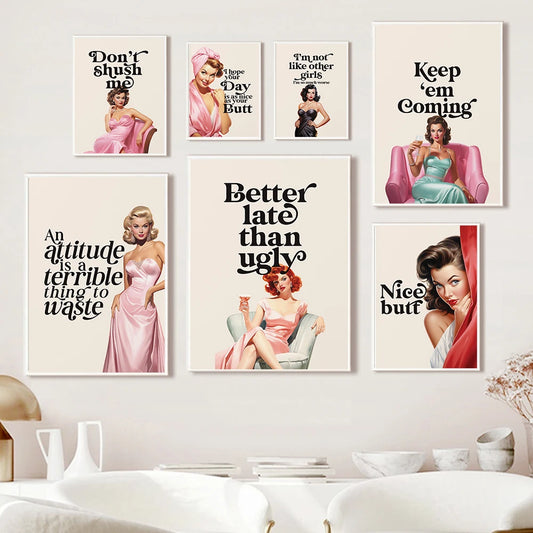Trendy Girl's Funny Quote Better Late Than Ugly Woman Vintage Poster Canvas Painting Wall Art Print Pictures Home Bedroom Decor.