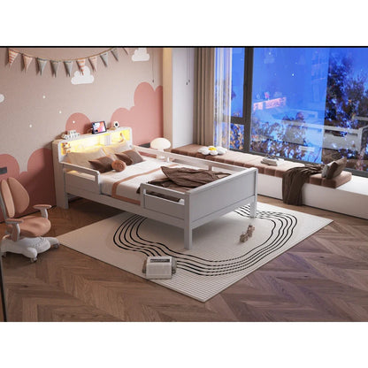 Multifunktions-Holzbett, USB- und Tape-C-Kombinationssteckdose, kleines LED-Licht, Kopfteil mit Einlagerfunktion, Einzelbett