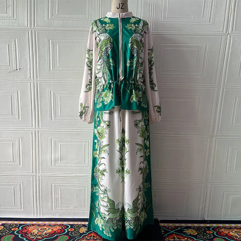 Summer Fashion Print Women's 2-piece Set Flower Zipper Baseball Uniform Drawstring Trousers Two-piece Outfit Elegant Office Suit