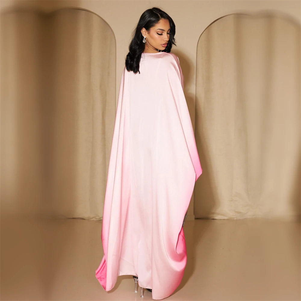 Gradient Batwing Butterfly Sleeve Satin Abaya Dubai Luxury Muslim Kaftan Dress For Women Kebaya Caftan Marocain Femme Vestidos.