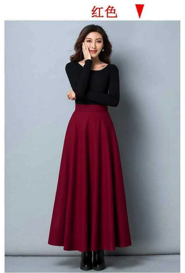 Autumn Winter Black Gray Large Size Woolen Long Skirt Women Fashion Korean Ladies Red High Waist Festival Pleated A-line Skirts.