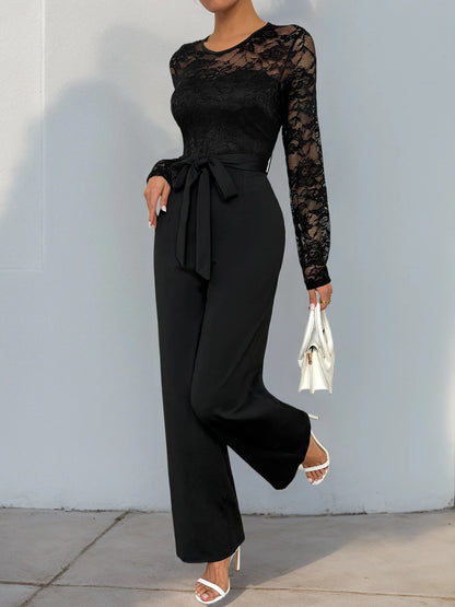 Spring New Women's Sexy Lace Spliced Long Jumpsuit Fashion Solid Color Hollow Long Sleeve Casual Laces Wide Leg Jumpsuit Women.