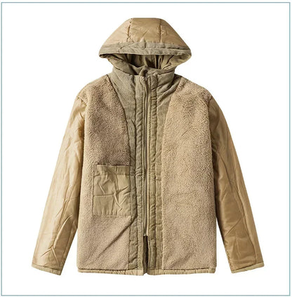 Men's Jacket WINTER USA SIZE Large SIZE Lamb Fleece JACKETS Hooded Cotton Thickened Multi Pocket Casual Mid length Coat