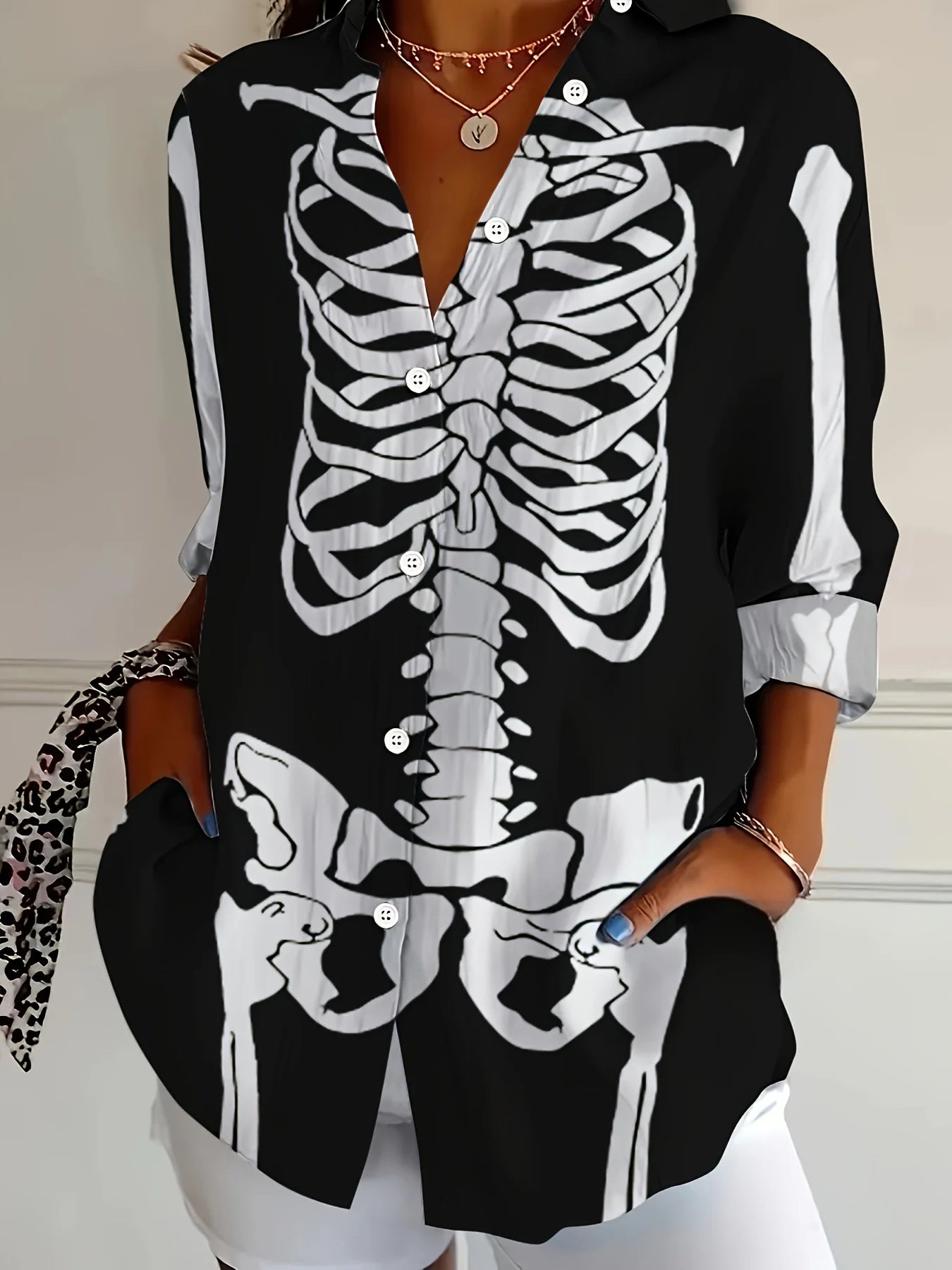 Women's Halloween skull shirt gothic style top button front shirt suitable for party wear casual wear.
