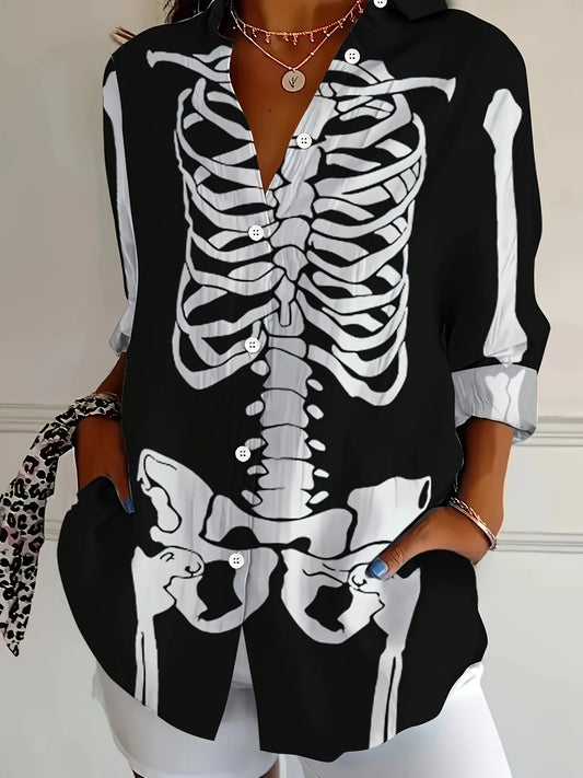 Women's Halloween skull shirt gothic style top button front shirt suitable for party wear casual wear.