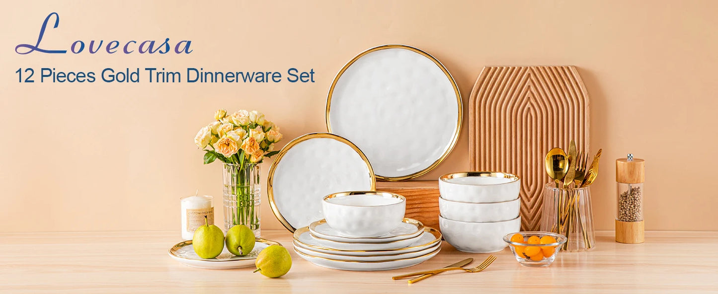 LOVECASA 12/24 Piece Ceramic Porcelain White and Golden Rim Dinnerware Sets With 4/8 PCS Dinner Plate/Dessert/Cereal Bowl for 4.