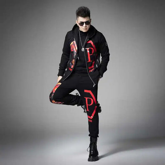 2024 Mens Two Piece Sets Fashion Streetwear Casual Winter Suits Skull Pattern Hooded Black Tracksuit Men Clothes Ropa De Hombre.