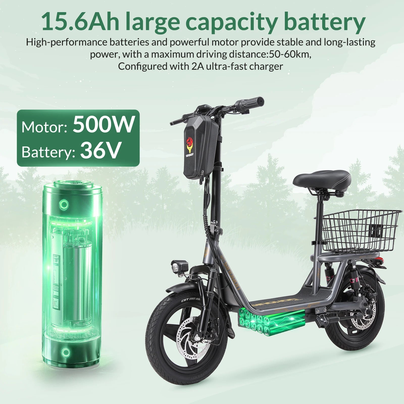 K14 Electric Scooter 500W Peak Motor, 14'' Tires,36V 15.6Ah Battery,32km/h Max Speed,50-60km Range,350W Rated Motor, Disc Brakes.