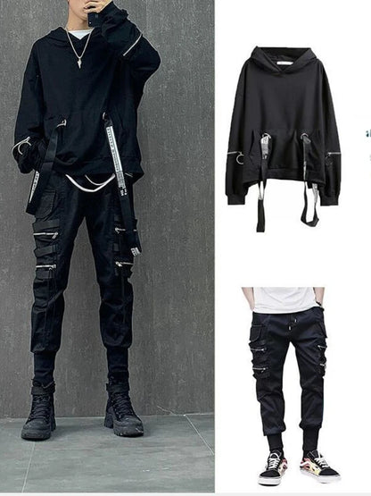Men's Sets Black Hoodies+Pants Punk Graphic Zipper Hooded Sweatshirts Cargo Pant Men Oversized Loose Streetwear Suits.