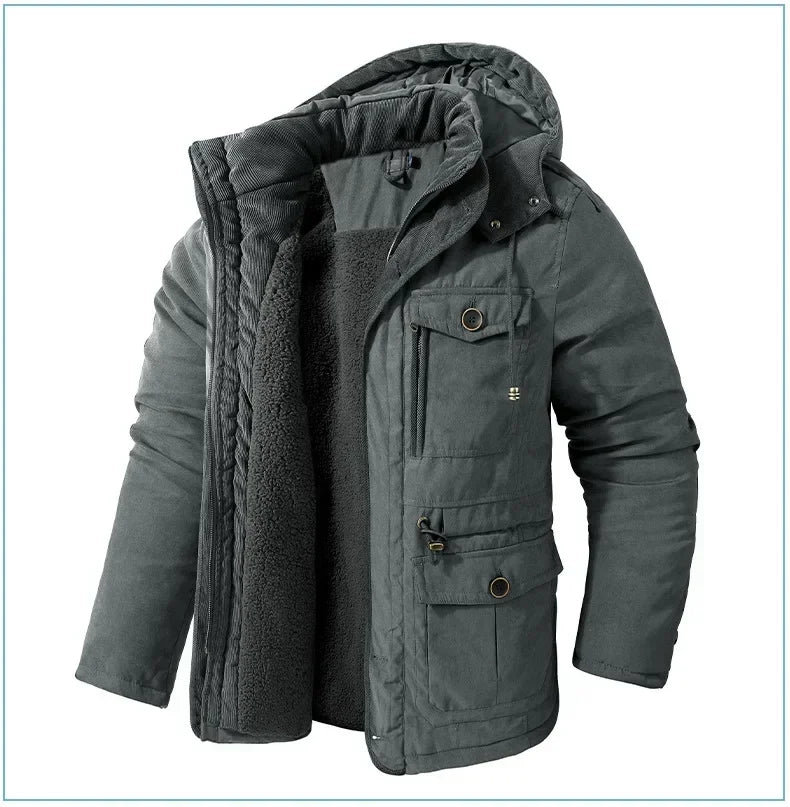 Men's Jacket WINTER USA SIZE Large SIZE Lamb Fleece JACKETS Hooded Cotton Thickened Multi Pocket Casual Mid length Coat