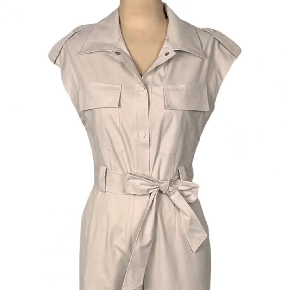 Elegant Women Jumpsuit Lapel Sleeveless Belt Design Romper with Pockets Solid Color Wide Leg Pants Versatile Jumpsuit.