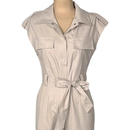 Elegant Women Jumpsuit Lapel Sleeveless Belt Design Romper with Pockets Solid Color Wide Leg Pants Versatile Jumpsuit.