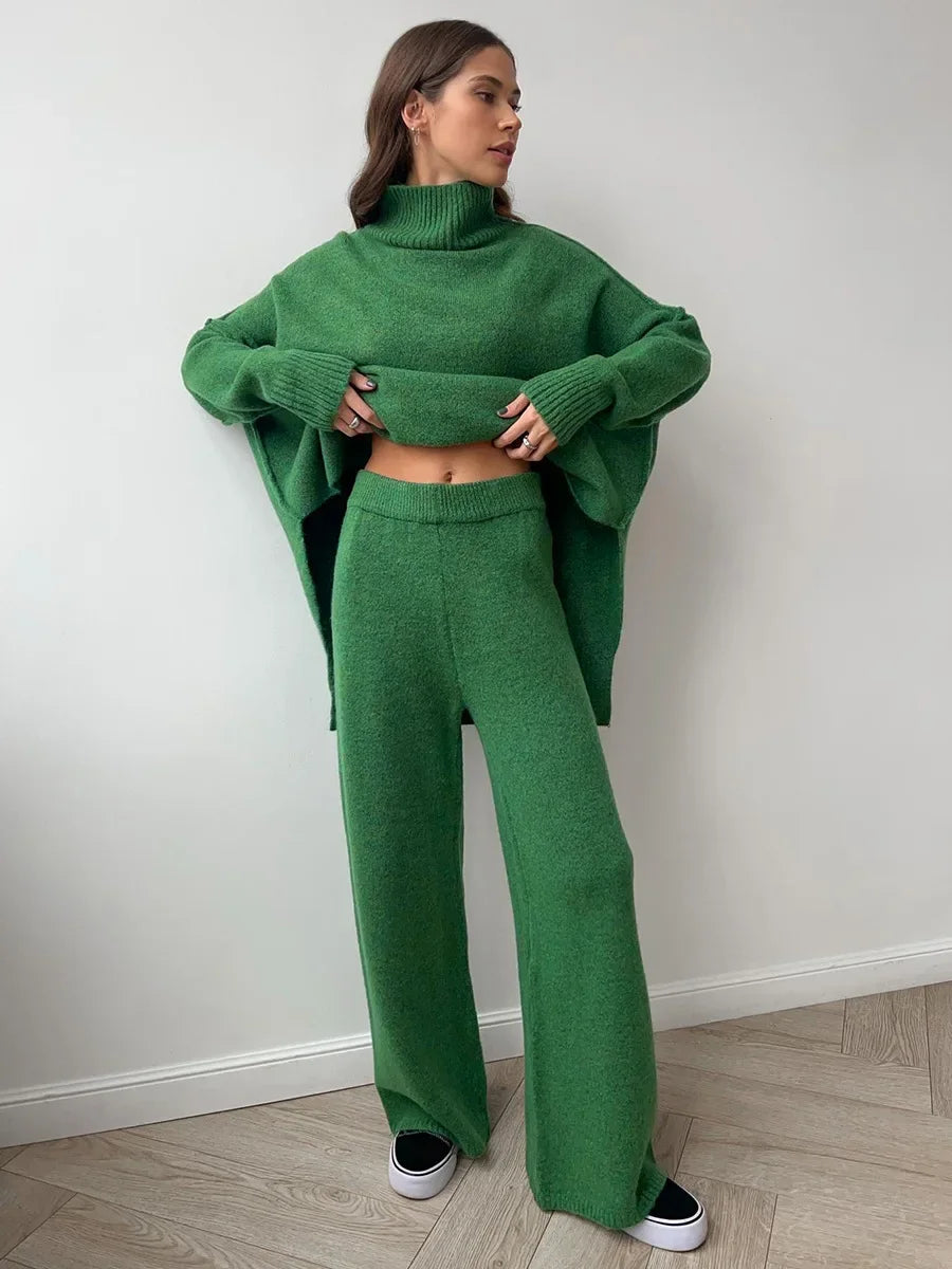 2025 Turtleneck Sweater Set Women's European, American Autumn and Winter New Loose Casual Lazy Thickened Knitted Trousers Set