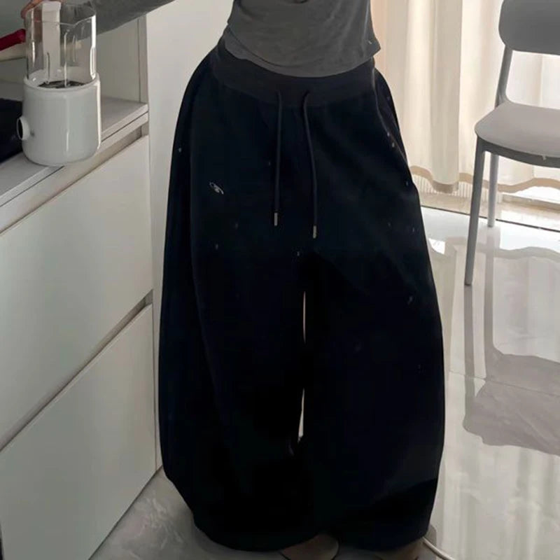 Oversize Cotton Pants Woman Y2K Casual Drawstring Trousers Korean Streetwear High Waist All Match Jogger Pants Grey Sweatpants
