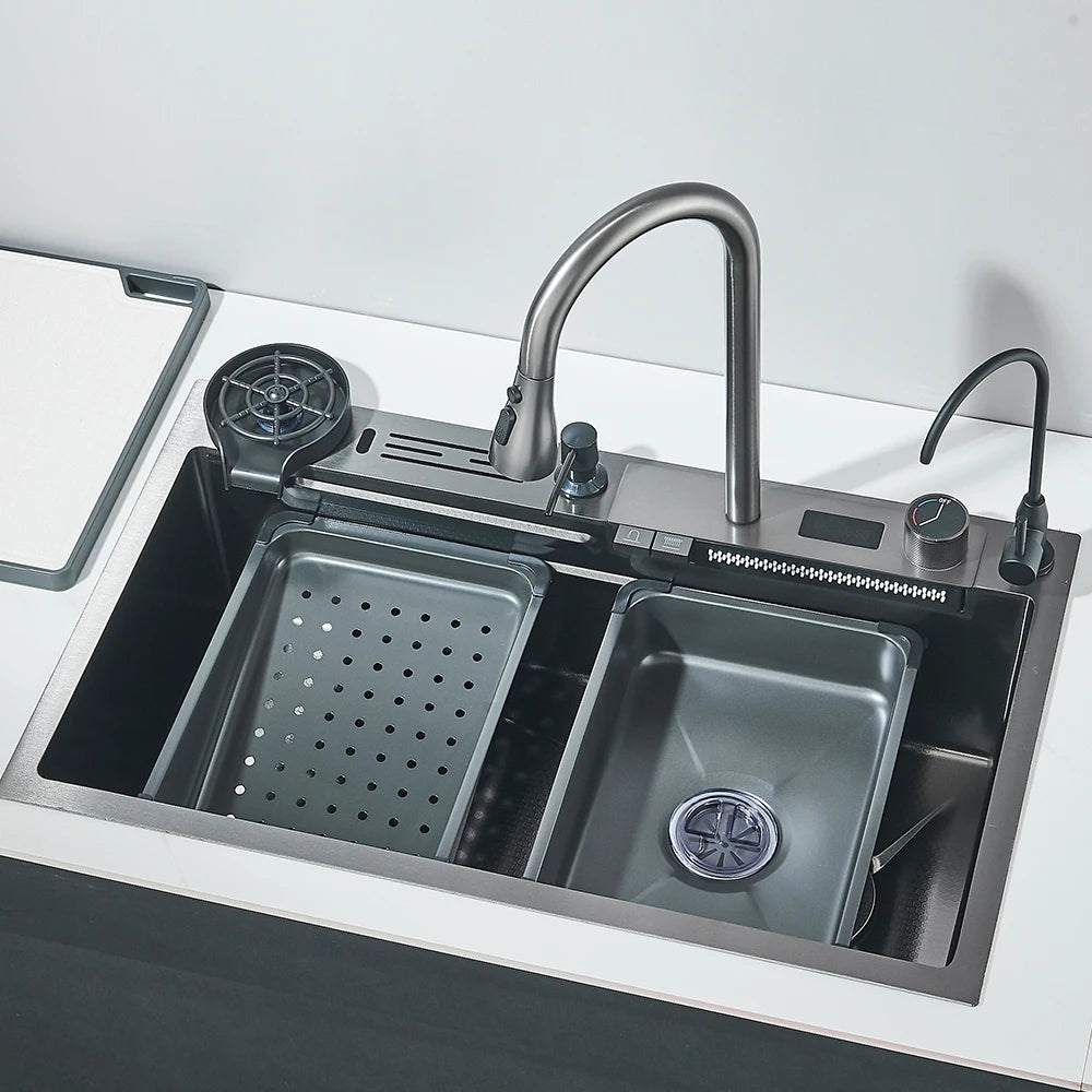 Wasserfall-Küchenspüle aus Edelstahl 304, großes Einzelschlitz-Wasserhahn-Set mit integrierter Digitalanzeige, Seifenspender, 75 x 45 cm