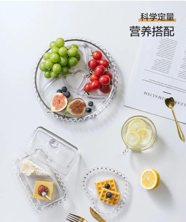 Divided Fruit Plate Glass Dried Fruit Candy Plate Household Side Dish Plate Breakfast Plate Fat-reduced Meal Plate Tableware.