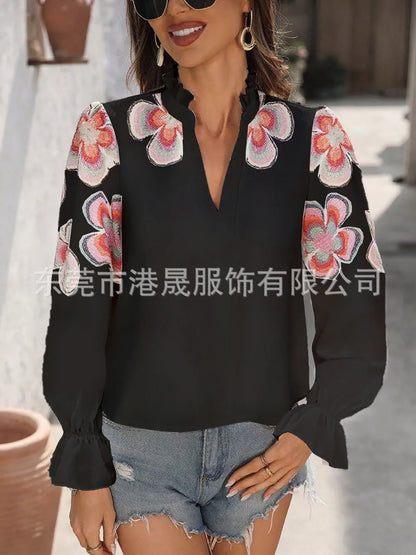 New Fashion American European Women's Printed Casual Trendy Loose V-neck Long Puff Sleeve Simple Basic Shirts Female Clothes.