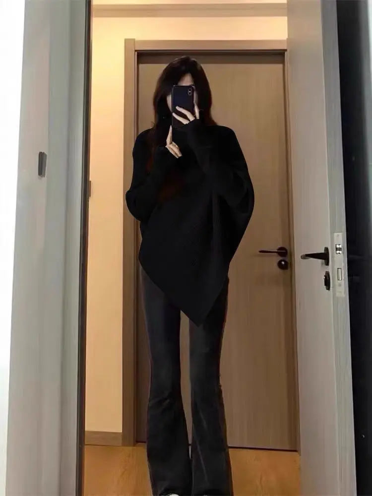 Herbst Winter Neue Frauen Pullover Koreanische Mode Chic Casual Rollkragen Solide Asymmetr Lose Batwing Hülse Pullover Gestrickte Tops