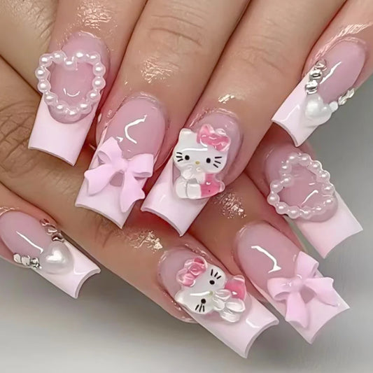 24Pcs Long Square Pink Hello Kitty False Nails French Wearable Full Cover Fake Nails Kitty Cat Bow Heart Design Press On Nails.