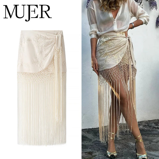 MUJER Embroidery Lace Long Skirt Woman High Waist Midi Skirts for Women Summer Beach Skirt Woman Tassel Women's Skirts Cylinder.