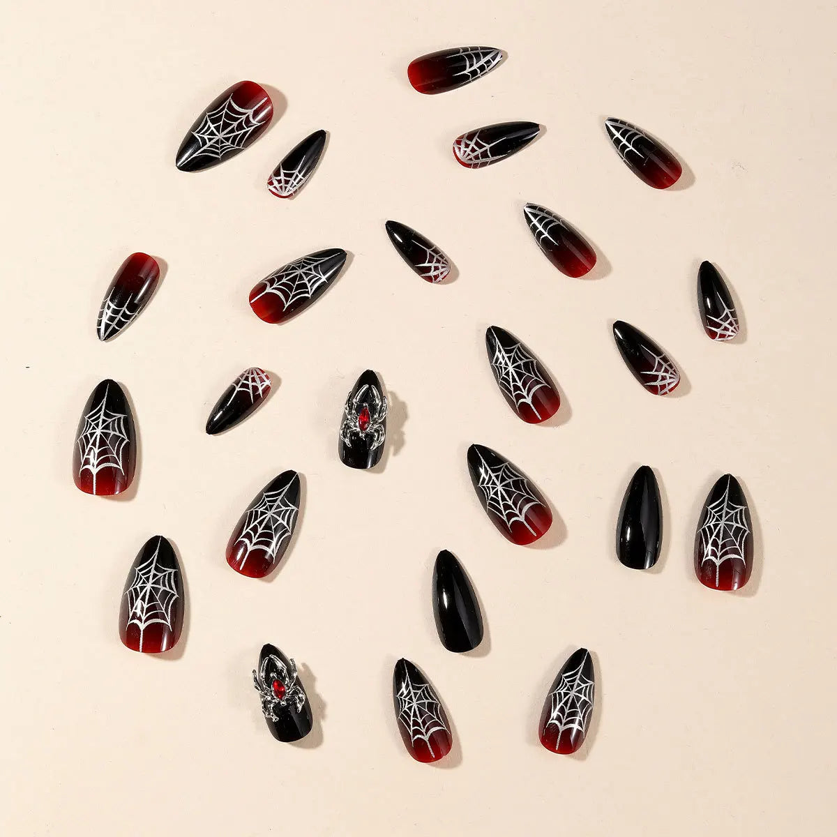 24pcs Sliver Spider Design Fake Nail Halloween Gothic Punk False Nail Tips Wearable European Heavy Metal Almond Press on Nails.