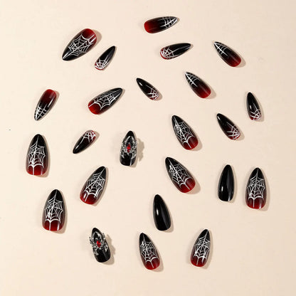 24pcs Sliver Spider Design Fake Nail Halloween Gothic Punk False Nail Tips Wearable European Heavy Metal Almond Press on Nails.
